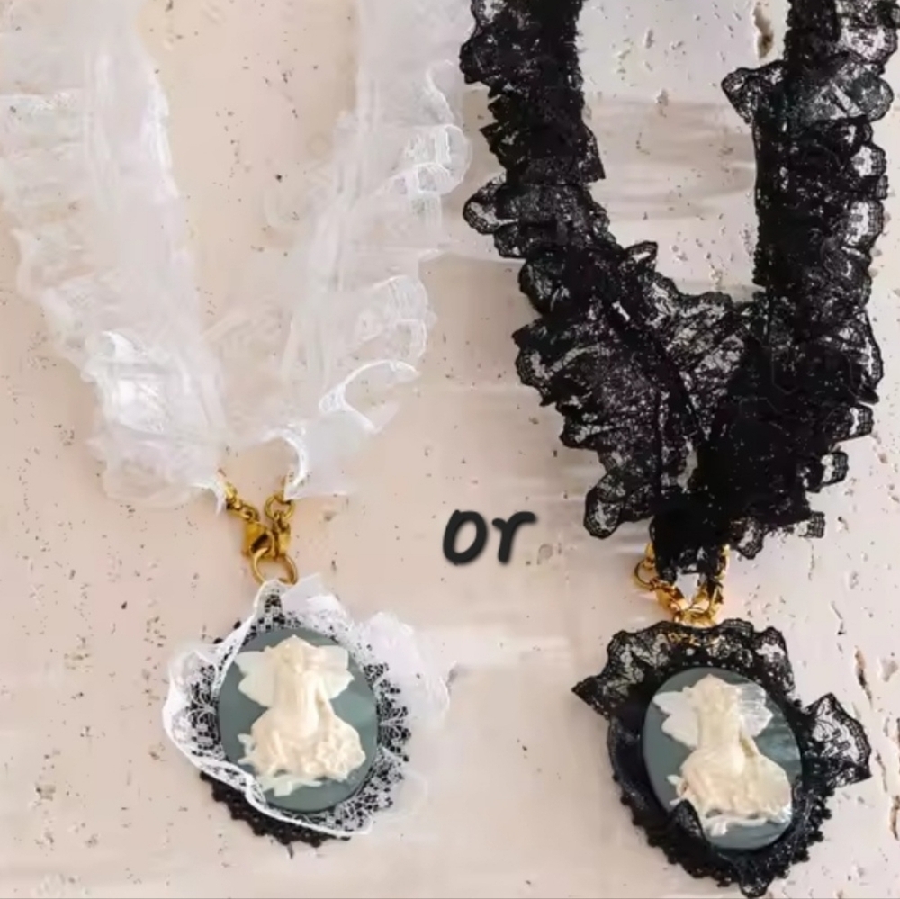 Victorian Angel Cameo Lace Necklace • Gold Plated • NWOT